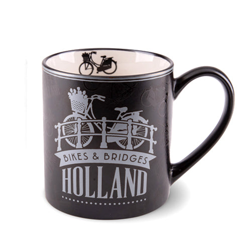 Mug - Silver on Black Holland with Bicycle & Windmill in gift box (250ml)