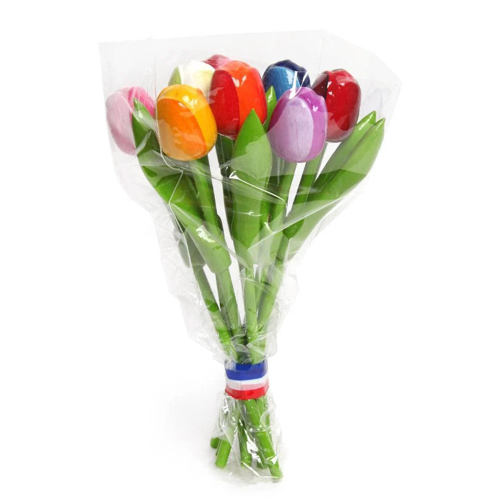 Tulips - Wood Mini Bouquet 9 Colours in Cellophane (20cm)
